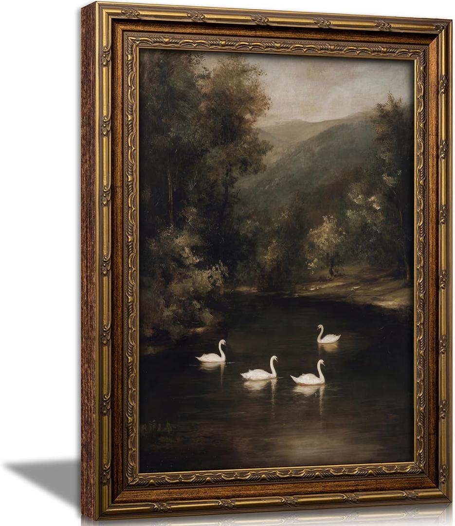 KKP Vintage Gold Framed Swan Wall Art, Moody Lake Landscape Canvas Print | Antique River Scene Wall Decor Picture, Rustic Farmhouse Home Decor Artwork for Living Room Bedroom Hallway 16x24 Inch