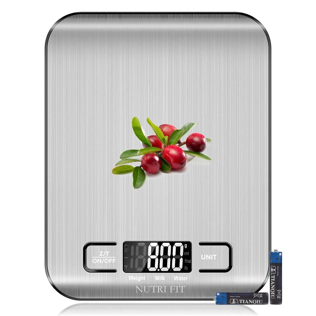 Food Scale, Kitchen Scales Digital Weight Food Grams and Ounces for Weight Loss Baking Cooking of NUTRI FIT, Max 11lb 1g Increment, Backlight LCD Smart Tare Stainless Steel, Easy to Use, AAA Battery (Silvery Grey)
