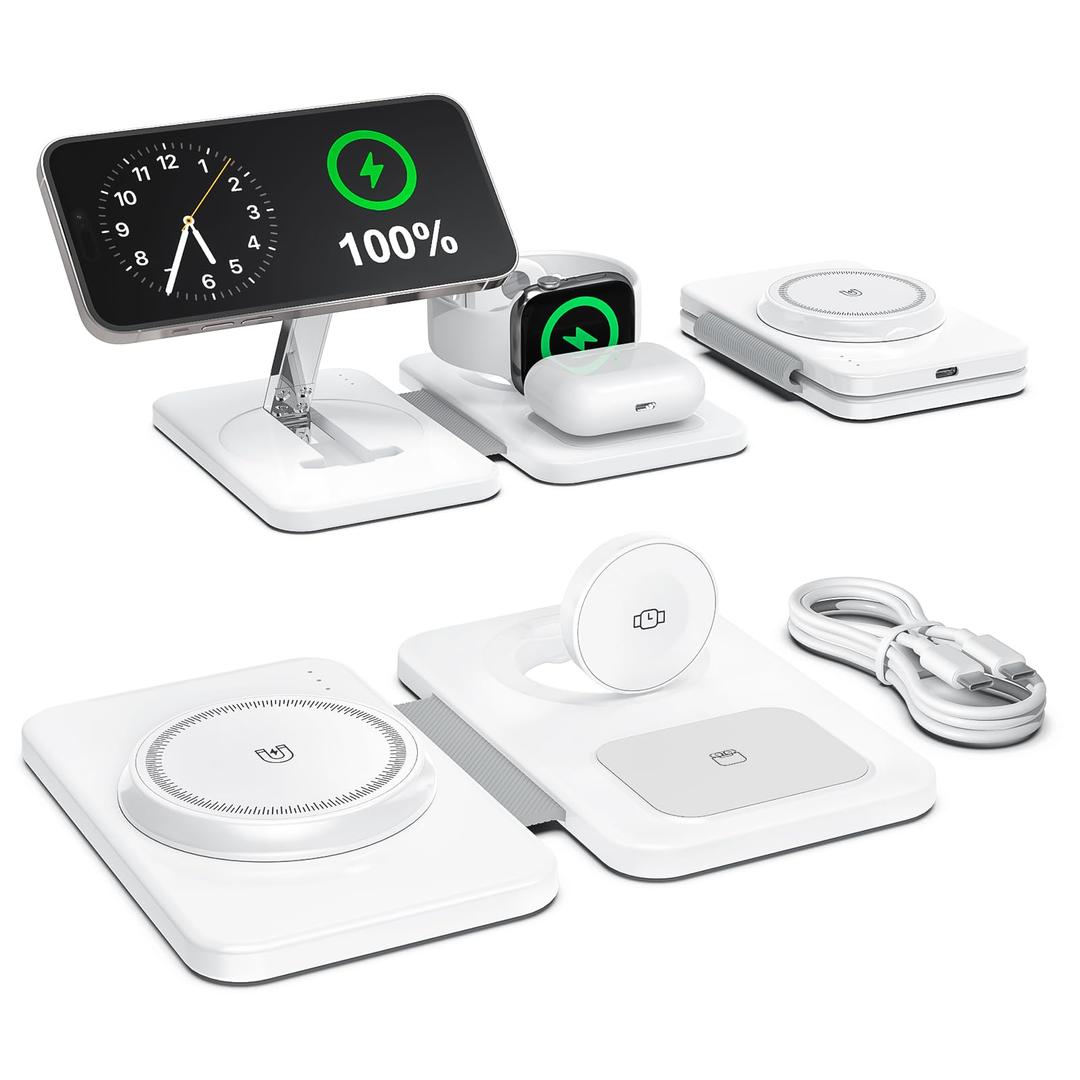 3 in 1 Magnetic Wireless Charger for Apple Multiple Devices, Foldable Fast Charging Station  Magsafe Charger Stand, Travel Charger Pad for iPhone 17 16 15 14 13 12 Series/Apple Watch/AirPods Pro