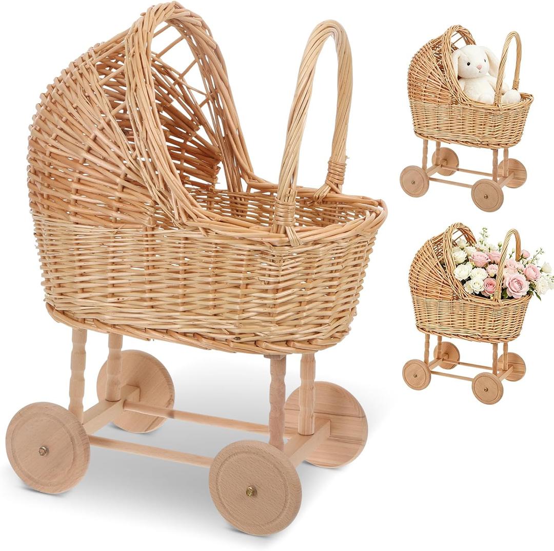 Large Wicker Flower Girl Basket with Handle Vintage Wicker Baby Carriage for Baby Shower Decorative Woven Rattan Stroller Shaped Flower Basket for Wedding Floral Arrangement