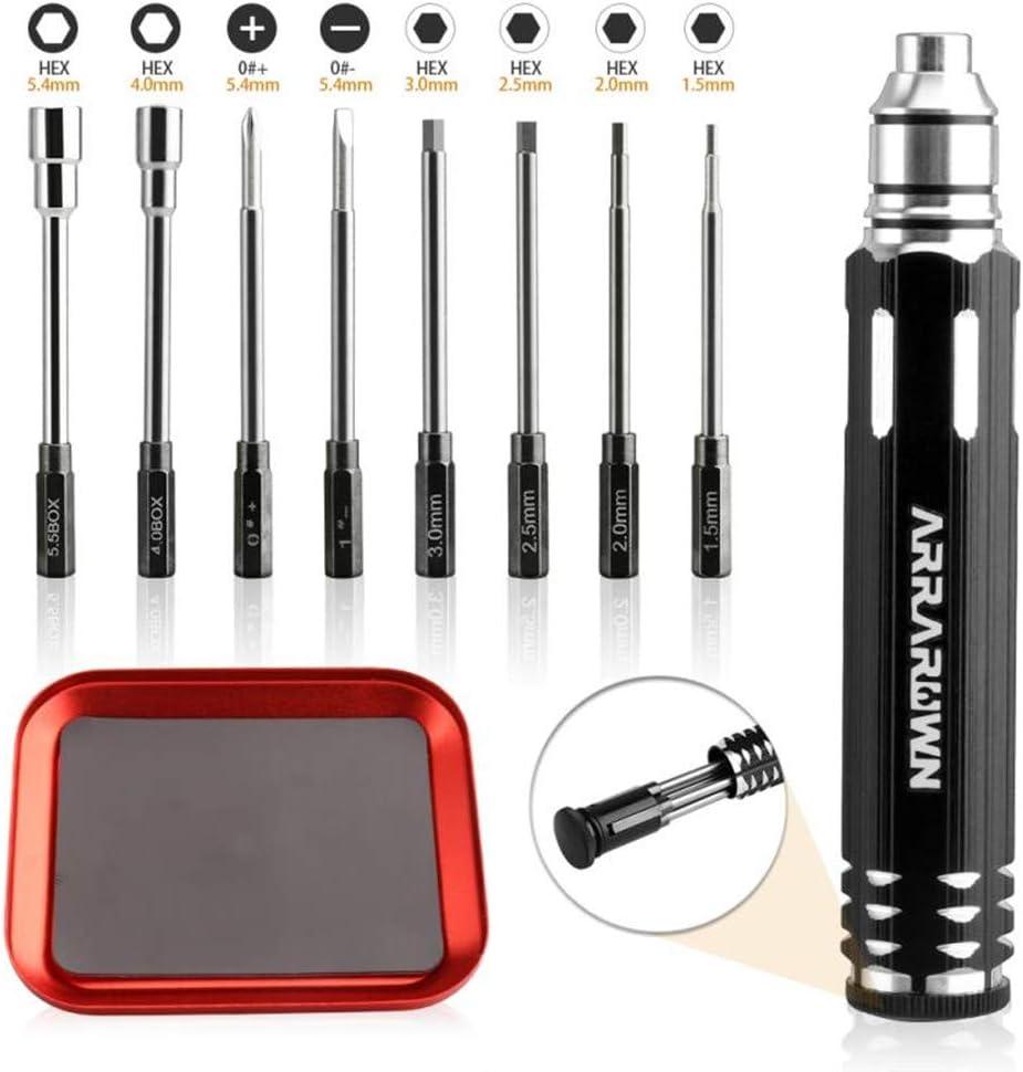 10 in 1 RC Model Repair Tools Kit with 1.5/2.0/2.5/3.0/4.0/5.5mm Hex Screwdrivers Wrench Phillips & Slotted Screwdriver, Metal Tray for RC Cars Helicopter Drone Boat