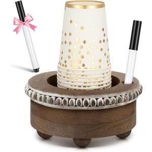 Wooden Cup Holder with Marker Slot Brown Cup Holder Dispenser Disposable Mug Dispenser for Party Decoration Bathroom Kitchen Showers Picnic Housewarming Couples Gift (Stylish Style)