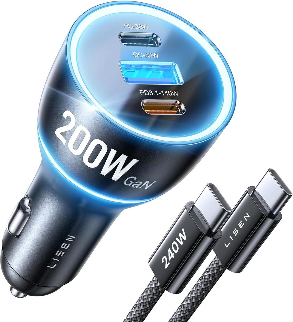 LISEN 200W Car Charger USB C Fast Charge [Gan] PD 140W Fast Car Charger USB C, 3 Port Type C Fast Charging for Multi Device, for iPhone 17 16 15 14 13 12, MacBook Neo Pro, Laptop, iPad, Samsung S26