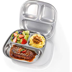 Stainless Steel Kids Plates with Lids (2 Packs), Portion Control Divided Metal Plate for Adults Toddlers Balance Lunch, Unbreakable Sectioned Plates Dividers Bariatric Diabetic Diet BPA Free Reusable
