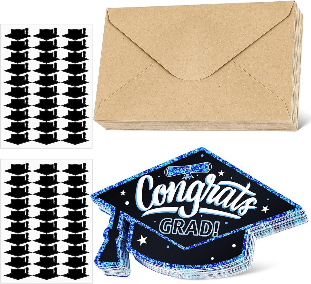 50 Pack Glitter Graduation Thank You Cards with Envelopes and Stickers 2025 Graduation Cap Greeting Cards Bulk for College High School Grad Party Favors