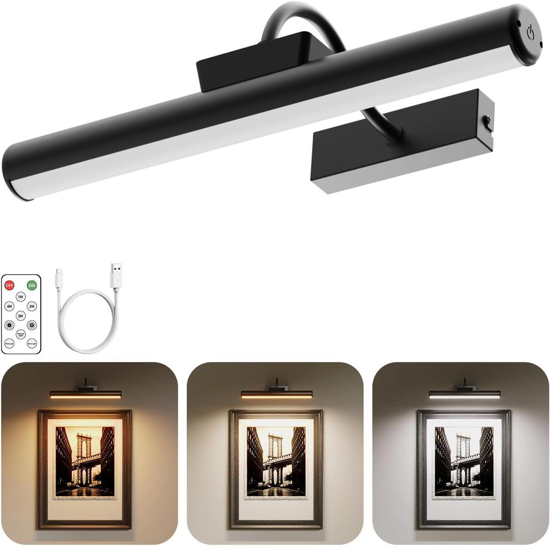 Picture Light, Wireless Picture Light with Remote, Battery Operated 5000mAh, 3 Color Modes and Dimmable LED Lights with Timer for Paintings, Gallery, Wall, Dartboard, Bedroom (Black-1Pack)
