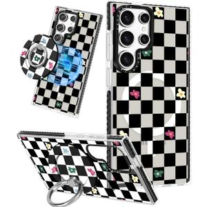 Cute Case for Samsung Galaxy S25 Ultra for Women Girls - Funny Plaid Flower Design Compatible with Magsafe Magnetic Ring Holder Kickstand Fashion TPU Phone Covers