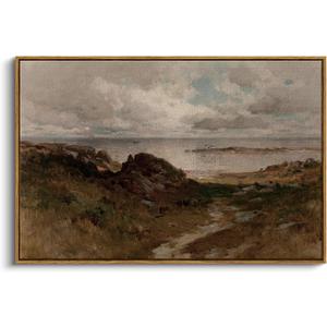InSimSea Framed Canvas Wall Art Vintage Decor, Seaside Path Wilderness Landscape Paintings Artwork, Large Prints, Retro Wall Decorations for Living Room Bedroom Bathroom, 24"x36"