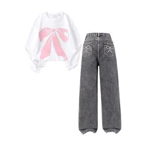 WDIRARA Girl's 2 Piece Long Sleeve Bow Print Sweatshirt and Denim Pants Fall Winter Outfits Sets Streetwear Light Grey M