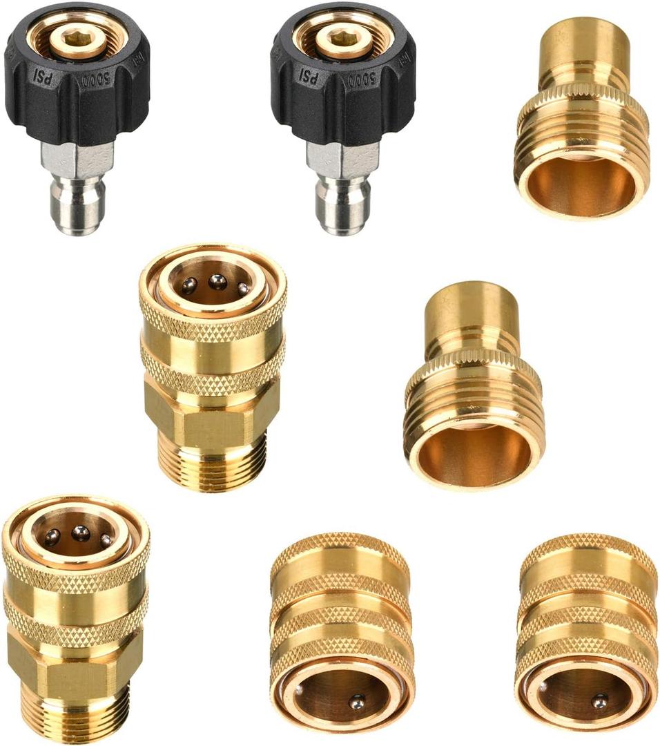Tool Daily Pressure Washer Adapter Set, M22 14mm to 3/8" Quick Connect Kit for Power Washer, 3/4 Inch to 1/2" Quick Disconnect, 8 Pack (Brass, Silver)