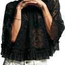Women Lace Cape Flowy Top Ruffle Trim See Through Sheer Poncho Top Cover Up Sexy Blouses Batwing Tops (Black, M)
