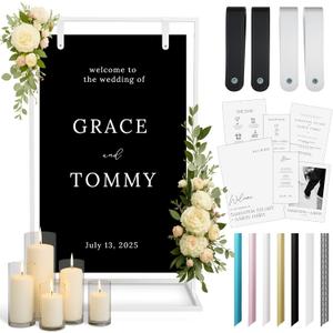 White Wedding Welcome Sign Stand with Holder - Elegant Metal Easel Display for Seating Chart, Reception Signs, Welcome Board - 30+ Customizable designs for Baby, Bridal Shower - Versatile Party Sign Holder