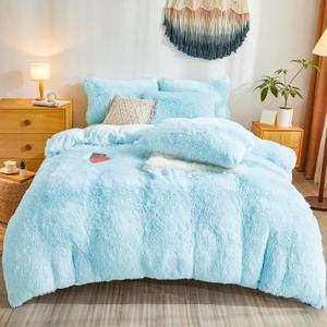Faux Fur Fluffy Light Blue Comforter Cover 86x80 – Plush Faux Fur Light Blue Bedding 3-Piece Set (1 Furry Duvet Cover + 2 Shaggy Pillow Sham) Cozy Bed Set, Pillowcase 18x24