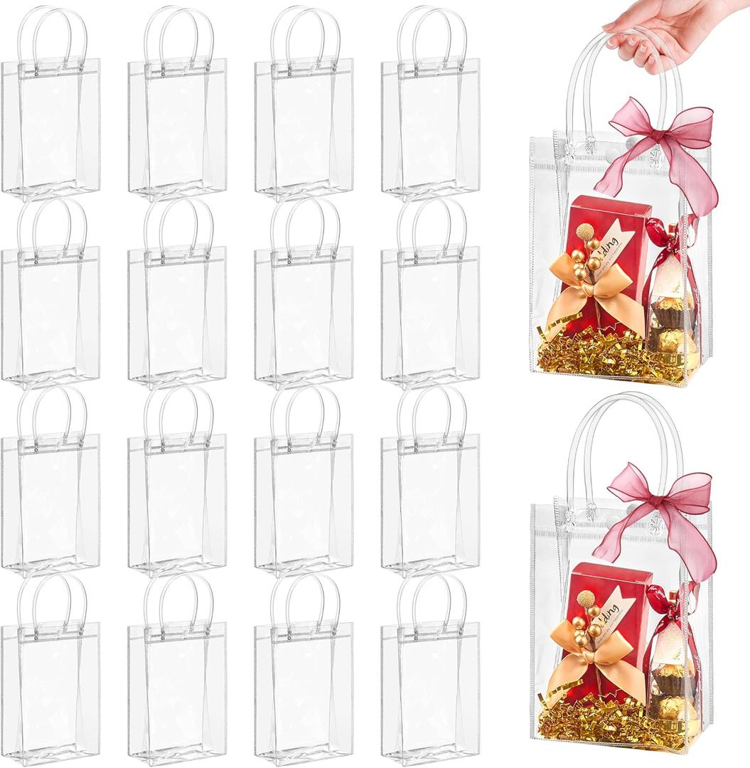 Jutieuo 24 Pack Clear Plastic Gift Bags with Handles, Reusable Transparent Party Favor Bags PVC Goodie Bags Bulk for Wedding, Baby Shower, Birthday (4.9" x 7.5" x 3.2")