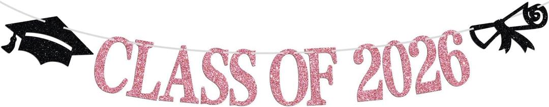 Class of 2026 Banner, Congrats Grad Bunting Sign for 2026 High School College Graduation Bachelor Master Party Decorations Supplies, Black and Pink Glitter
