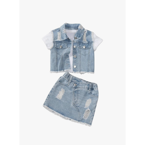 WDIRARA Girl's 2 Piece Outfit Ripped Raw Hem Denim Jacket and Mini Skirt Set, 4 Y