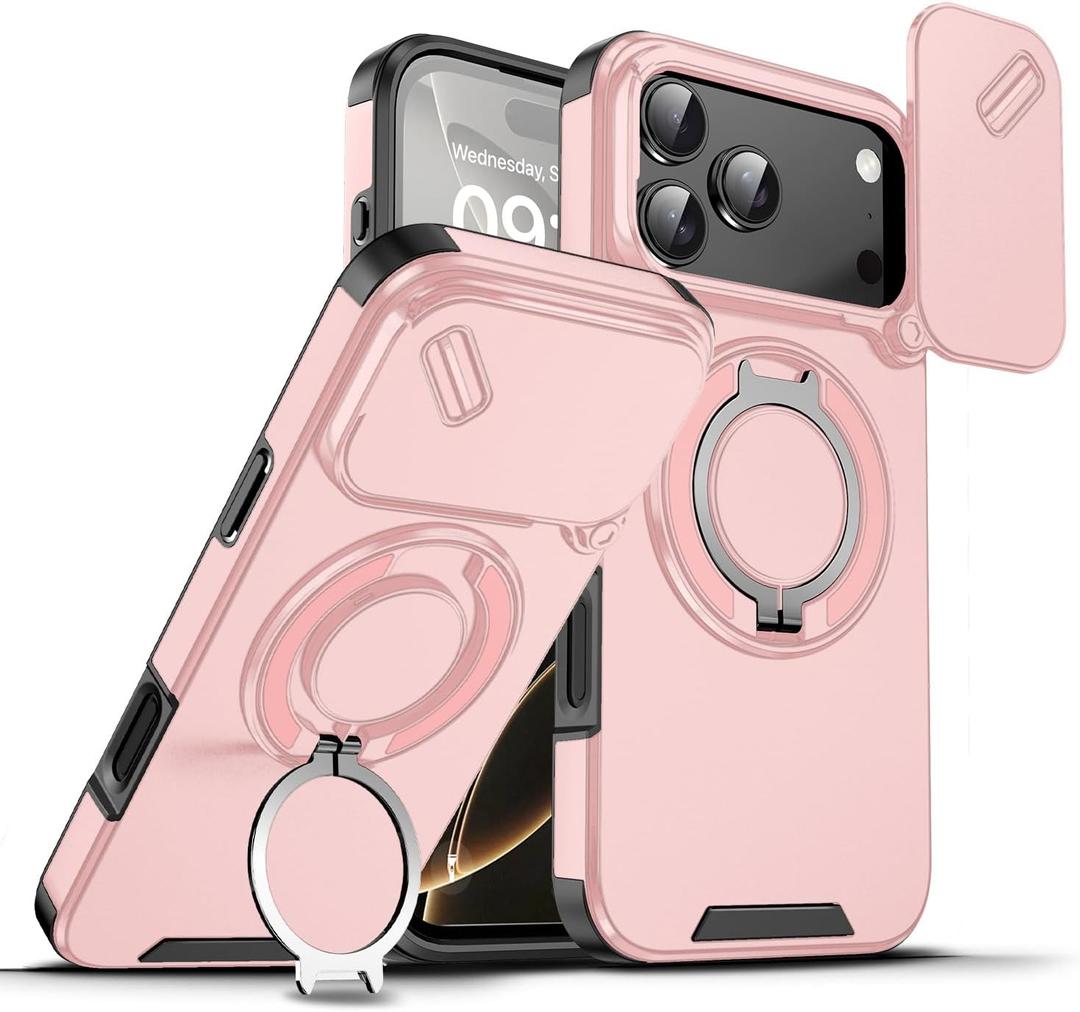 chubbycable Phone Case for iPhone 17 Pro Max Chubbyarmor 2.0 Military-Grade Shockproof Magnetic Case with Camera Slide & 360 Kickstand Ring, Pink
