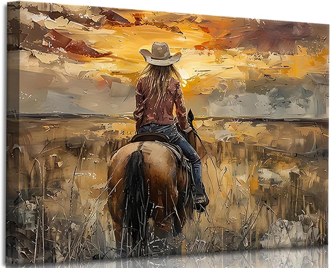 OCRXLYTH Western Cowgirl Riding Horse Canvas Wall Art Cowgirl Wall Decor Pictures Sunset Countryside Landscape Painting Print Vintage Artwork for Living room bedroom country decoration 12x16