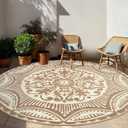 Capslpad 6x6 Floral Outdoor Rug for Patio Clearance Reversible Mat Round Portable Plastic Straw Carpet Waterproof Boho Indoor Outside Area Rugs for RV Camping Picnic Balcony Beach Deck, Light Beige
