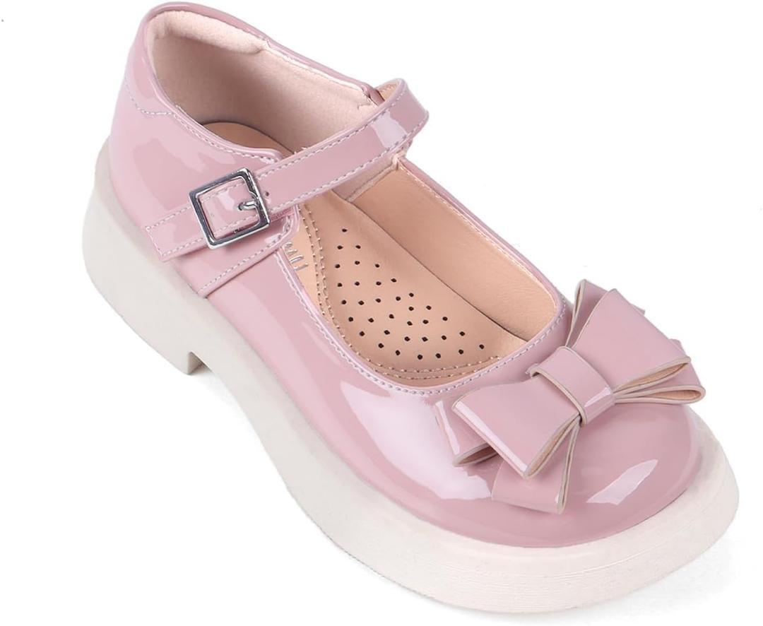 ADAMUMU Toddler Dress Shoes Flower Girl Shoes for Weeding Cute Toddler Mary Jane Shoes Lace Flore Ballet Flat for Walking, Jumping (Single Buckle-pink)