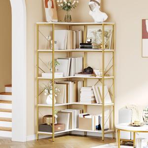 YITAHOME Corner Bookshelf, Gold Corner Shelf 5 Tier Bookcase, Large Display Rack Storage for Bedroom, Living Room, Home Office,White&Gold