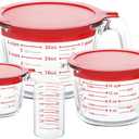 KOMUEE 4 Piece Glass Measuring Cups Set, 5 Oz, 1Cup, 2Cup, 4Cup Liquid Measuring Cups with Lids for Kitchen, Freezer and Microwave Safe