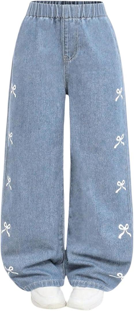 Girl's Bow Graphic Wide Leg Jeans Elastic High Waisted Baggy Denim Pants with Pockets