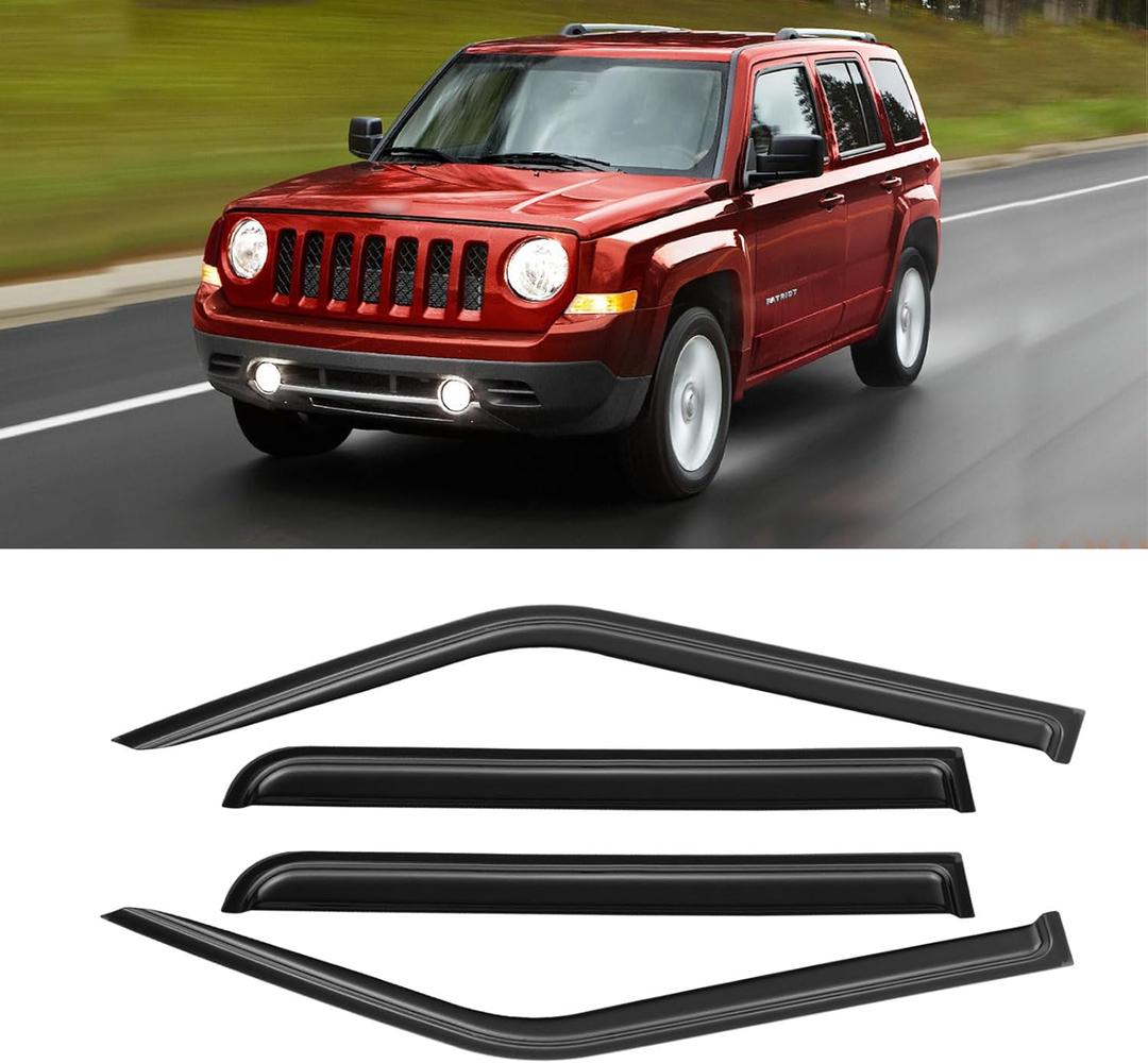 Window Visors for 2007-2018 Jeep Patriot, Rain Guards Shields Vent Deflector Shade Dark Smoke 2008 2009 2010 2011 2012 2013 2014 2015 2016 2017, Tape-On, 4PCS