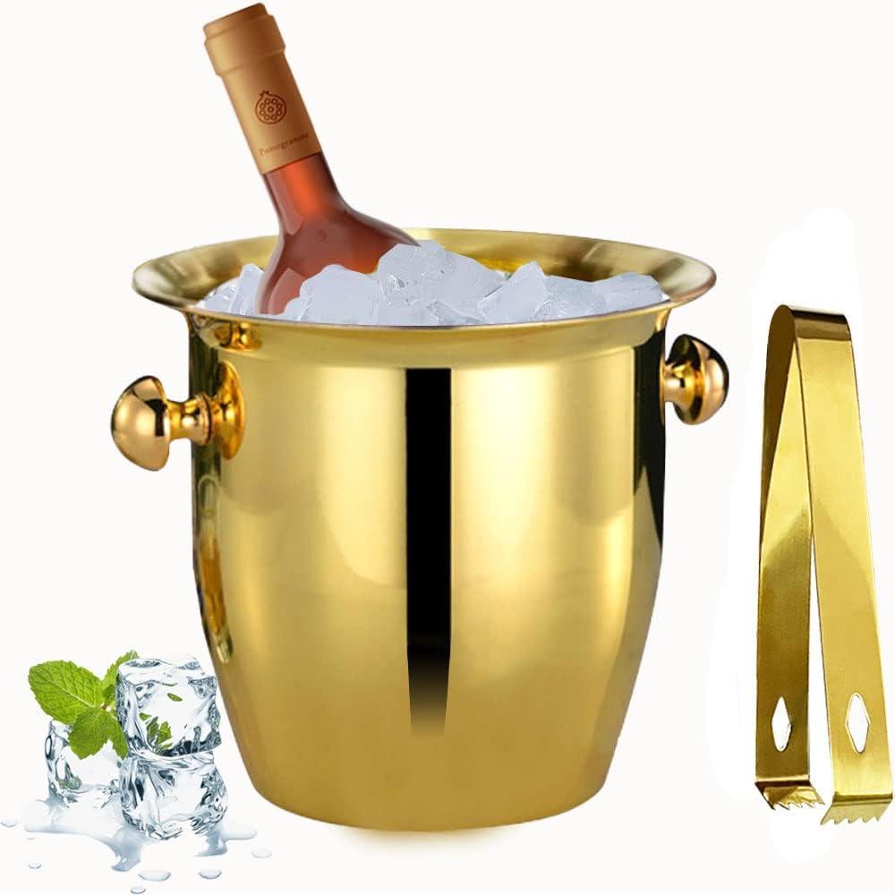 Ice Buckets - Champagne Ice Bucket with Tongs, Golden Trumpet Ice Bucket Stainless Steel Mirror Reflection Drink  Cooler for Cocktail Bar Beer Red  Liquor Beverages Party,I ce Frozen Longer, 2.5L