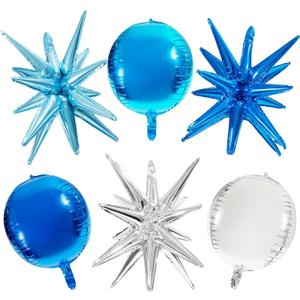 6 pcs Blue 4D Round Balloons, Royal Blue Sliver Birthday Decorations, 22 Inch Giant Star Explosion Foil Balloons Large Mylar Balloon for Birthday Party Gender Reveal Supplies
