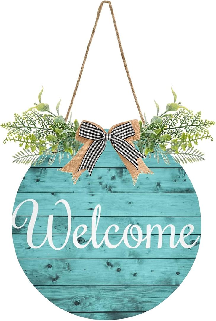 Teal Turquoise Welcome Sign for Front Door Decor Welcome Wreath Sign with Porch Hanging Bow for Farmhouse Wedding Gifts