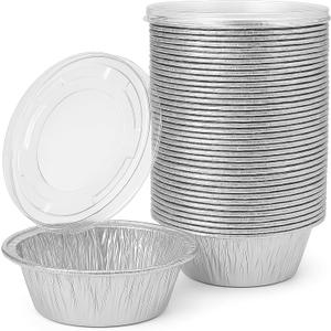[50 Pack] 5" Disposable Foil Baking Pans with Lids  Round Aluminum Food Containers for Oven Use, Takeout, Storage, and Meal Prep
