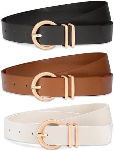 Huyfhksd 3 Pack Women Leather Belt for Jeans Pants Dresses Fashion Ladies Waist Belts with Gold Buckle.  Size:L
