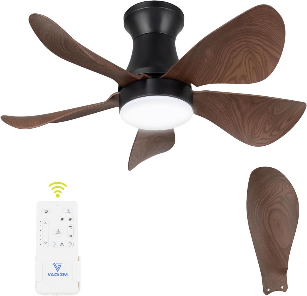 30 Inch Flush Mount Ceiling Fan with Light - Small Ceiling Fan with Light for Bedroom/Kids Room/Small Room - Low Profile Design - Indoor/Outdoor Use - 5 Blades Walnut