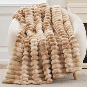 Cozy Bliss Faux Fur Throw Blanket for Couch, Cozy Warm Plush Striped Blanket for Sofa Bedroom Living Room, 50 * 60 Inches Tiedye Khaki