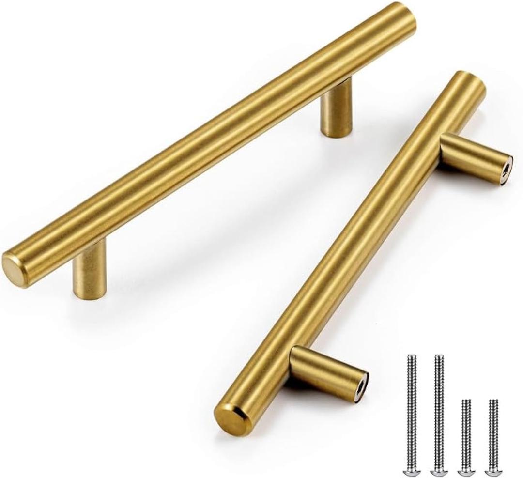 CZC HOME 10 Pack 6.4 Inch Cabinet Pulls Stainless Steel Drawer Handles, 4" Hole Center Drawer Pulls for Kitchen Dresser Cupboard with 2 Sizes Screws Brushed Brass
