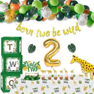 Jungle Theme Party Supplies ,Baby 2st Birthday Party Decorations,Balloons , Tablecloth,Leaves, Balloon Boxes, Animal Safari Decorations