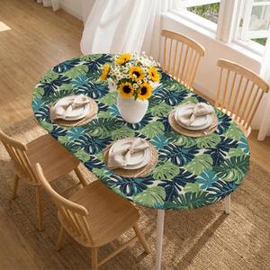 Horaldaily Summer Fitted Tablecloth 68 x 48 Inch Oval, Monstera Deliciosa Green Washable Table Cover Elastic Edged for Dinning, Picnic, Camping, Banquet