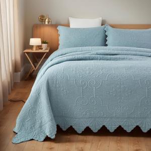 Brandream King Size Quilt Set Cotton Light Blue Quilts Vintage Farmhouse Quilted Comforter Set Lightweight Scalloped Quilts 3-Piece