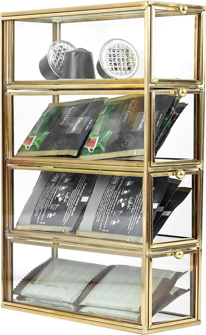 HighFree Gold Glass Coffee Pod Organizer with 4 Drawers, Clear Storage Glass Box for K-Cups, Tea Bags, Sugar Packets, Counter Top Collection Display Holder for Home, Office