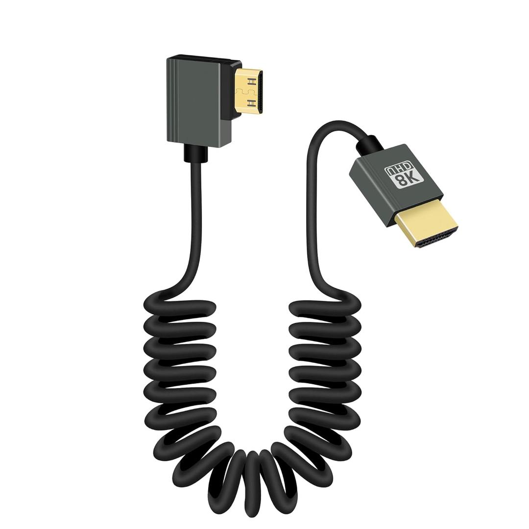 RIIEYOCA 90 Degree 8K Short Mini HDMI to HMDI Coiled Cable,Left Angle Male to Male 48Gbps High Speed HDMI2.1 Support HDR, 8K@60Hz,4K@120Hz, Compatible with Camcorders,Monitors (Left)