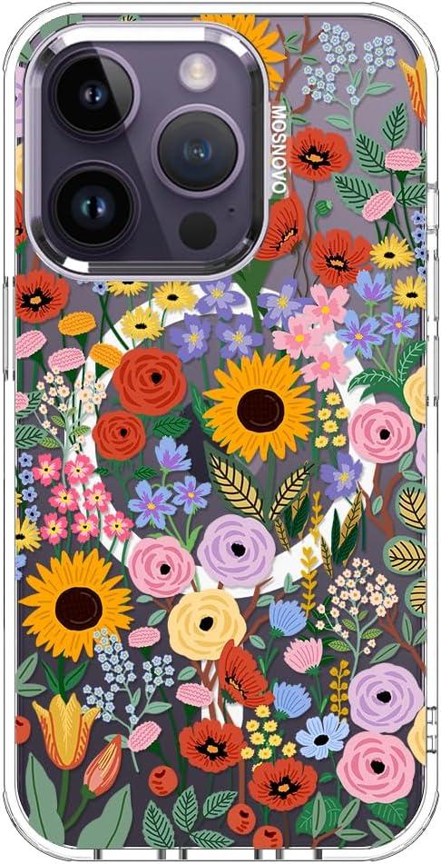 MOSNOVO Case for iPhone 14 Pro, [Compatible with Magsafe] [Buffertech 6.6ft Military-Grade Drop Protection] [Anti Peel Off Tech] Clear Phone Case Design - Blossom & Bloom