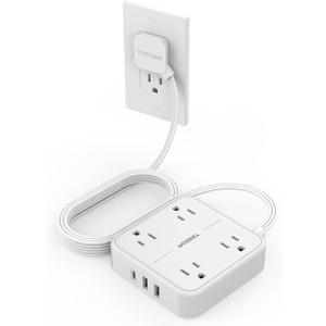 Flat Extension Cord 10 FT, TESSAN Surge Protector Power Strip 10 Feet with 4 Outlets 3 USB Wall Charger (1 USB C), Surge Protection, Ultra Thin Long Power Cord Mountable for Indoor Essentials, White