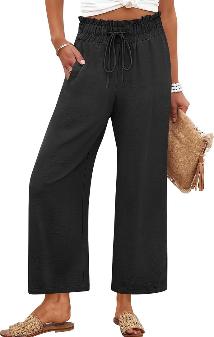 ANRABESS Women 2025 Summer Casual Flowy Loose High Waist Boho Wide Leg Cropped Palazzo Lounge Beach Vacation Pants Trousers (Small, Black)