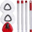 ANREKEYH Spin Mop Head, Base, Handle Replacement for O-Ceda EasyWring Microfiber Spin Mops, 2 Microfiber Mop Refills, 1 Triangle Head Cover and 30-58in Handle Set Combo (White(1 Tank System))