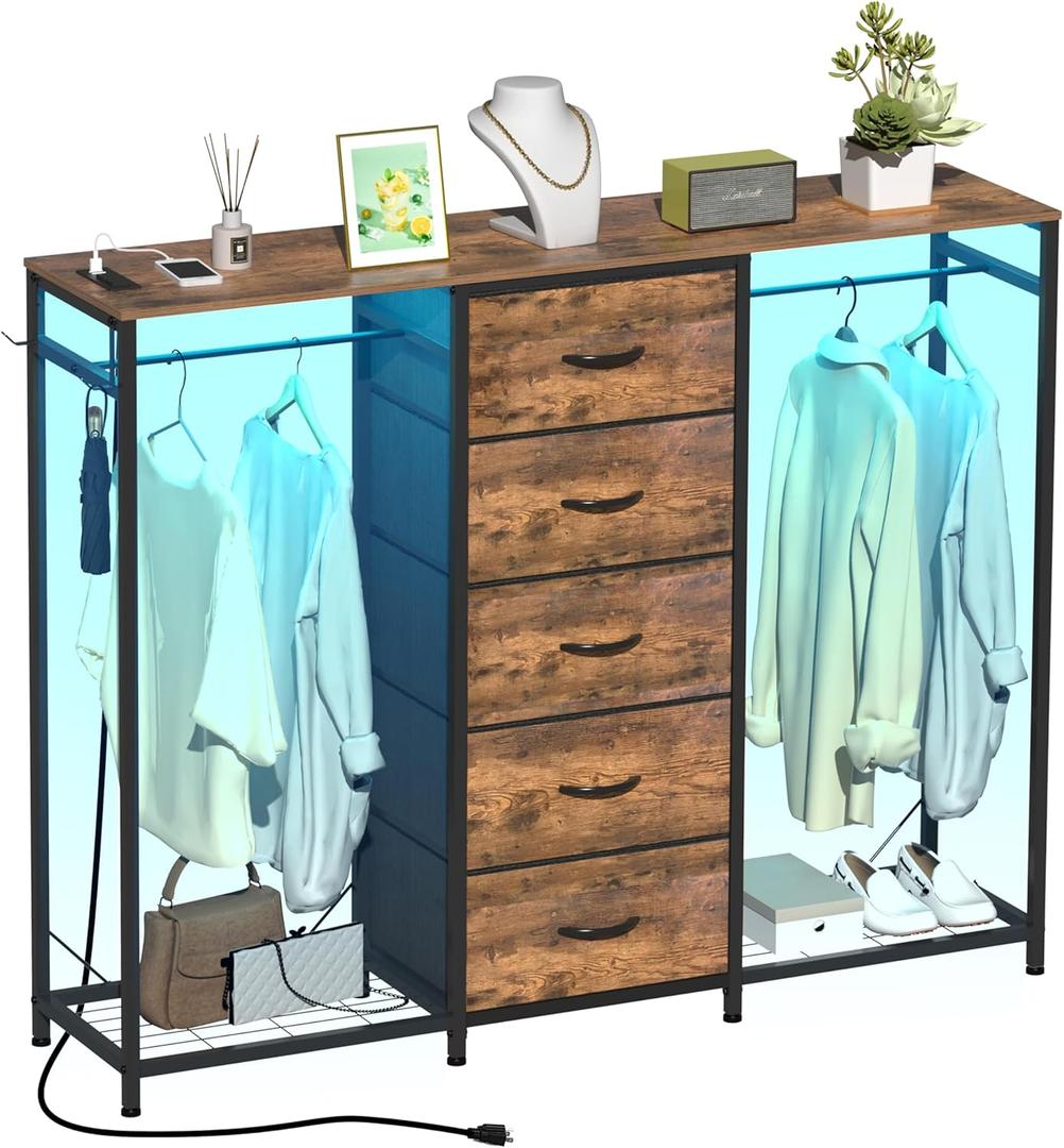 Dresser for Bedroom with Clothes Rack 5 Drawer Dresser with Charging Station LED Lights White Chest of Drawers Flexible Shelf and Open Storage Space for Bedroom Living Room (Brown)