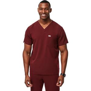 FIGS Leon Scrub Top for Men  3 Pockets, Tailored Fit, Modern V-Neck, 4-Way Stretch, Moisture-Wicking (Small, Burgundy)