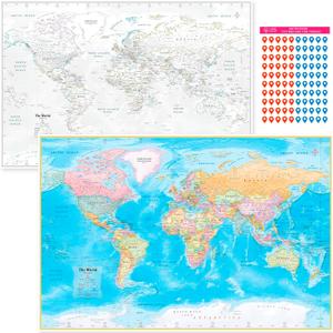 NOWMAP Waterproof World Map Poster 24x36 Folded Double-Sided Wall Map with Pin Stickers Tear-Resistant Travel Map for Planning & Tracking