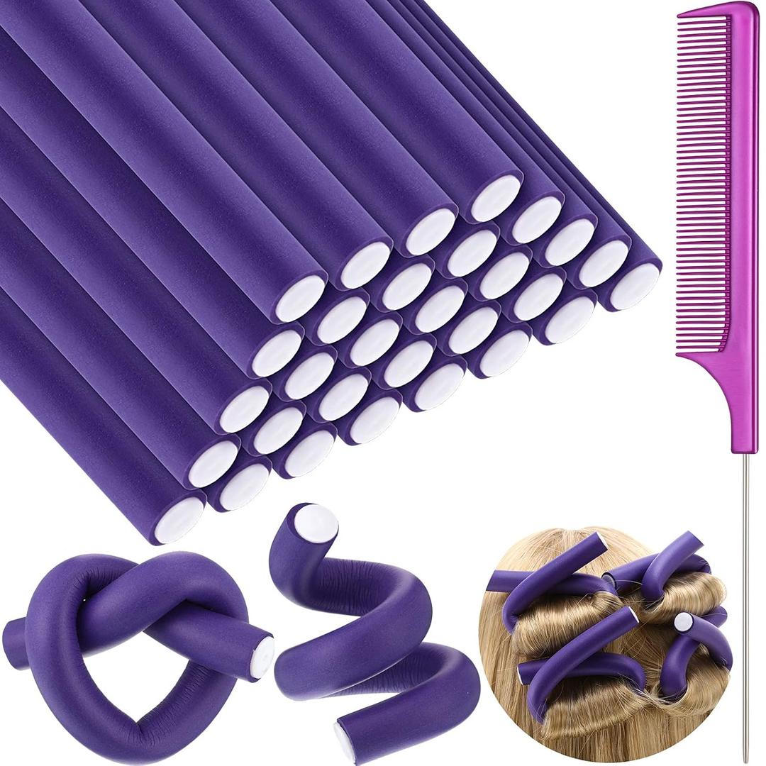 Syhood 30 Pieces Flexible Curling Rods Twist Hair Rollers Soft Foam Rods No Heat and 1 Pcs Steel Rat Tail Comb for Women Long and Short Hair (7 x 0.8 Inch,Purple)