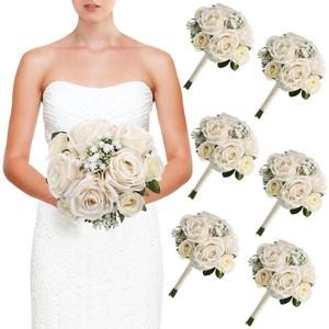 Wedding Bridesmaid Bouquets Set of 6, Artificial Silk Flowers Arrangement for Ceremony Marriage Proposal Party Anniversary Decorations - Champagne